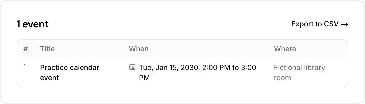 Just Schedule Me ICS viewer showing one fictional practice event with its title, time and location